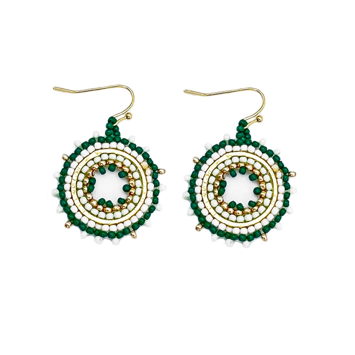 Seed Bead Mandala Hoop Earrings- Green and White