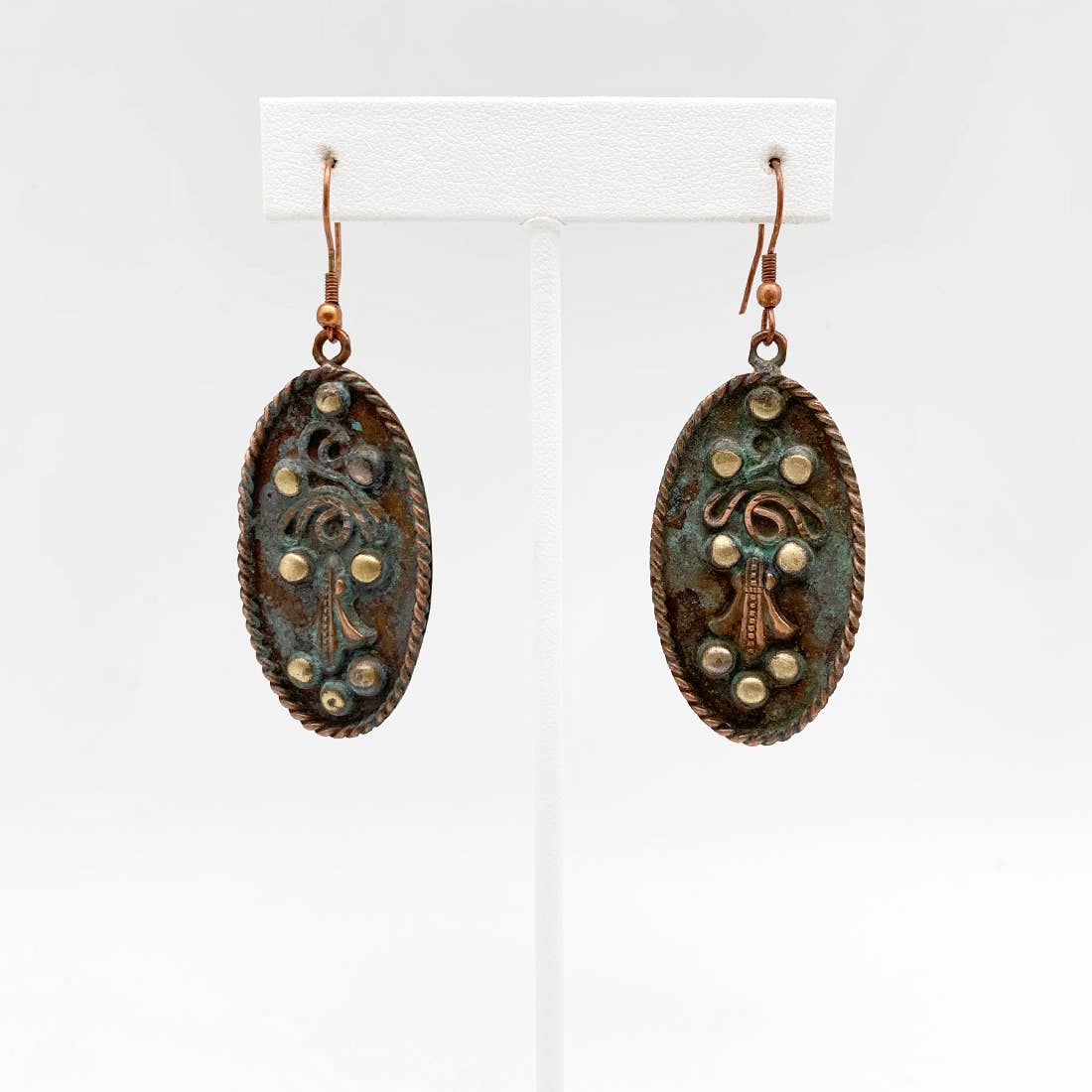 Copper Patina Earrings - Rivets & Filigree in Turquoise Oval