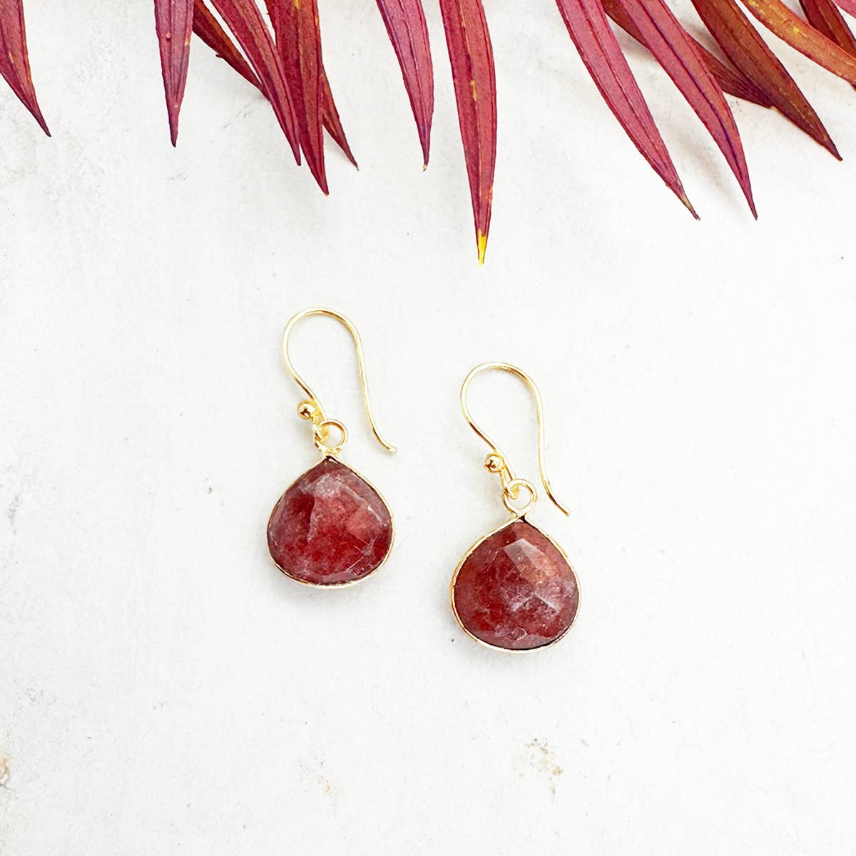 GoldPlated Earrings with SemiPreciousStone Strawberry Quartz