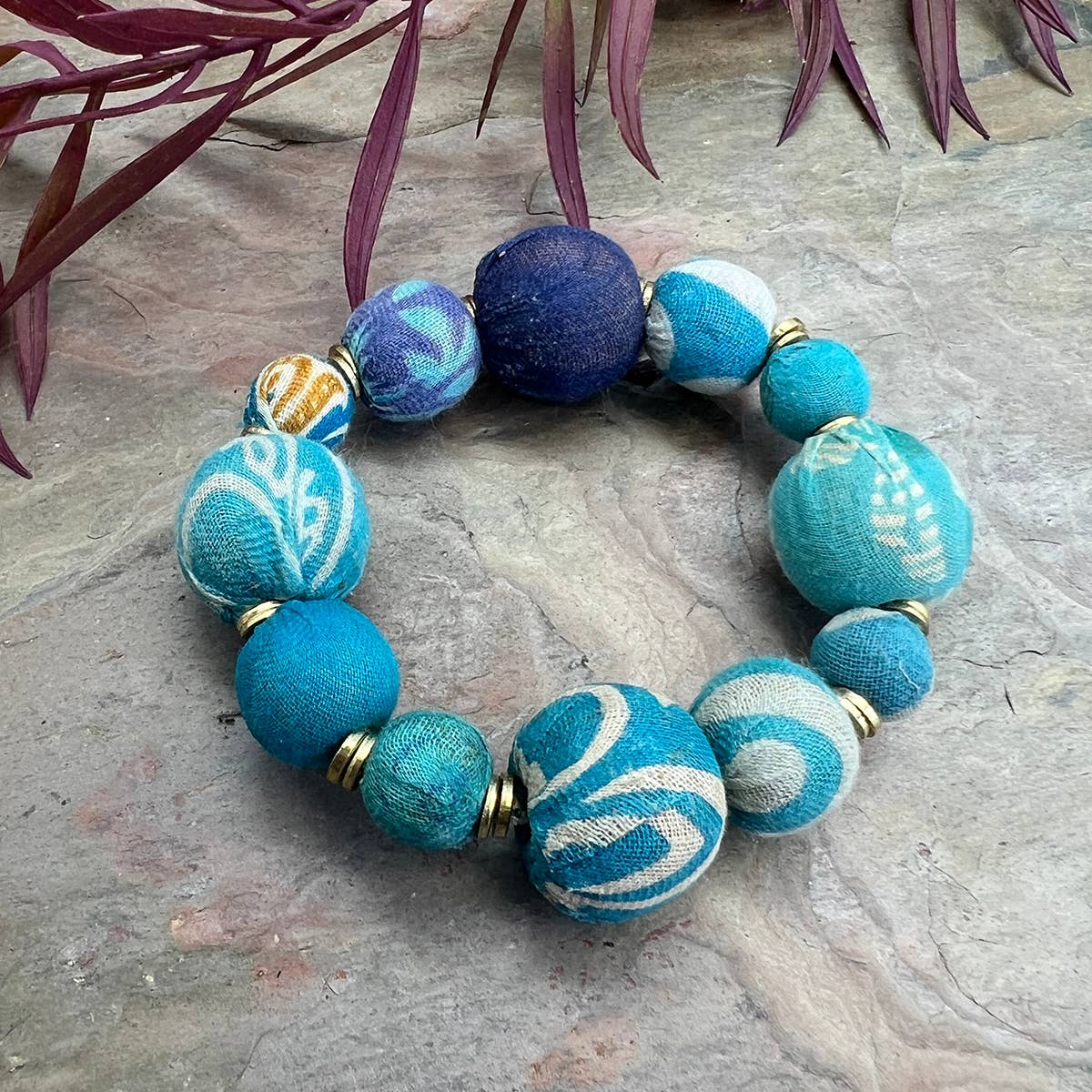 Aasha Bold Aqua Stretch Kantha Handcrafted Bracelet