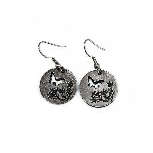 Pewter Earrings - Butterfly with Flowers