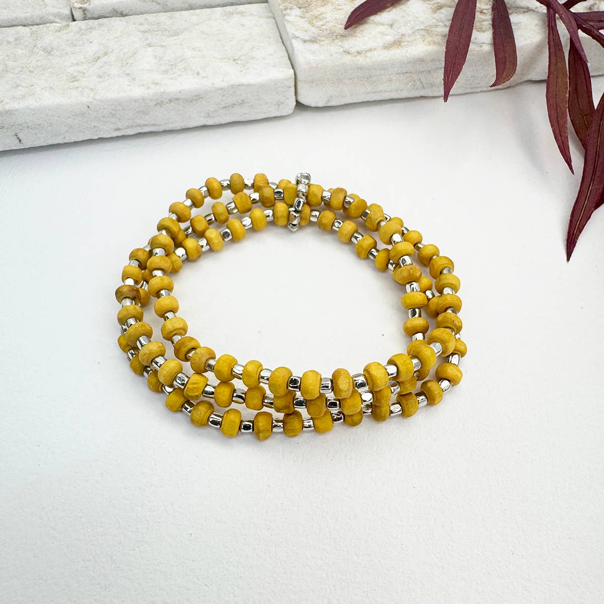 Sachi Wood Bead Wrap Bracelet - Yellow