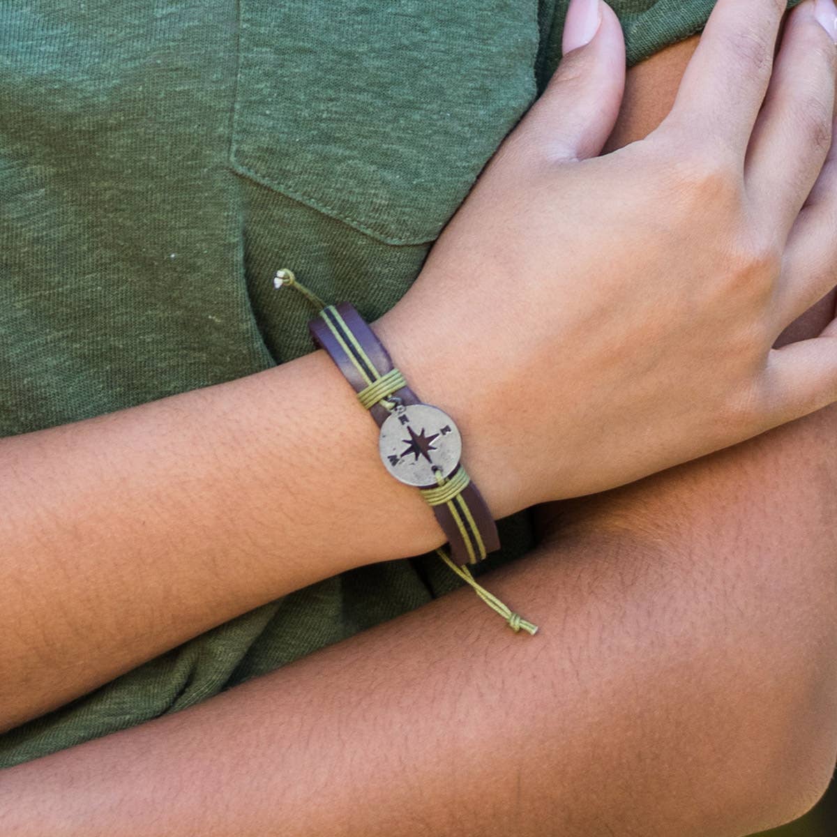 Pull Tie Leather Bracelet - Compass