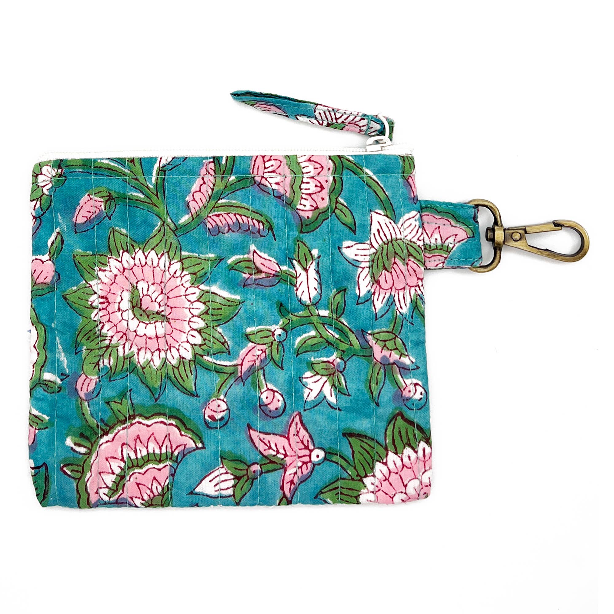 Quilted Block-Printed Travel Pouch - Aqua Bloom
