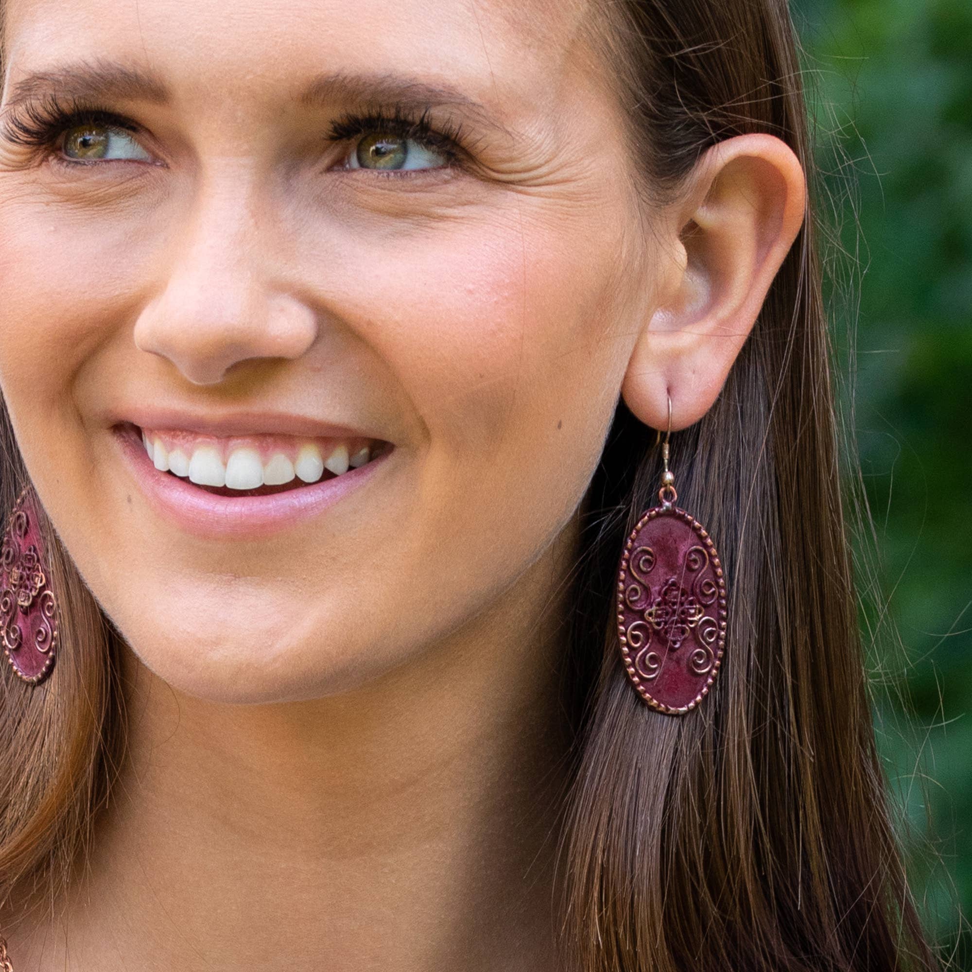 Copper Patina Earrings - Filigree with Spirals Burgundy Oval