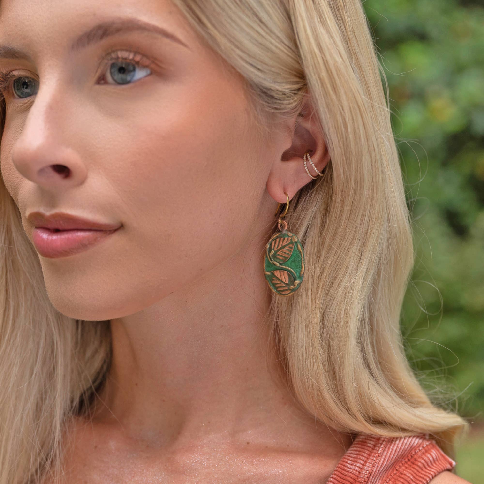 Handcrafted Green & Copper Vine Leaf Brass Patina Earrings