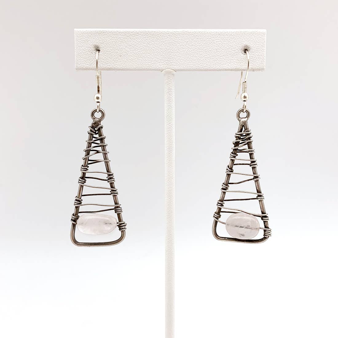 Wire-Wrapped Stone Earrings - Antique Silver, Rose Quartz