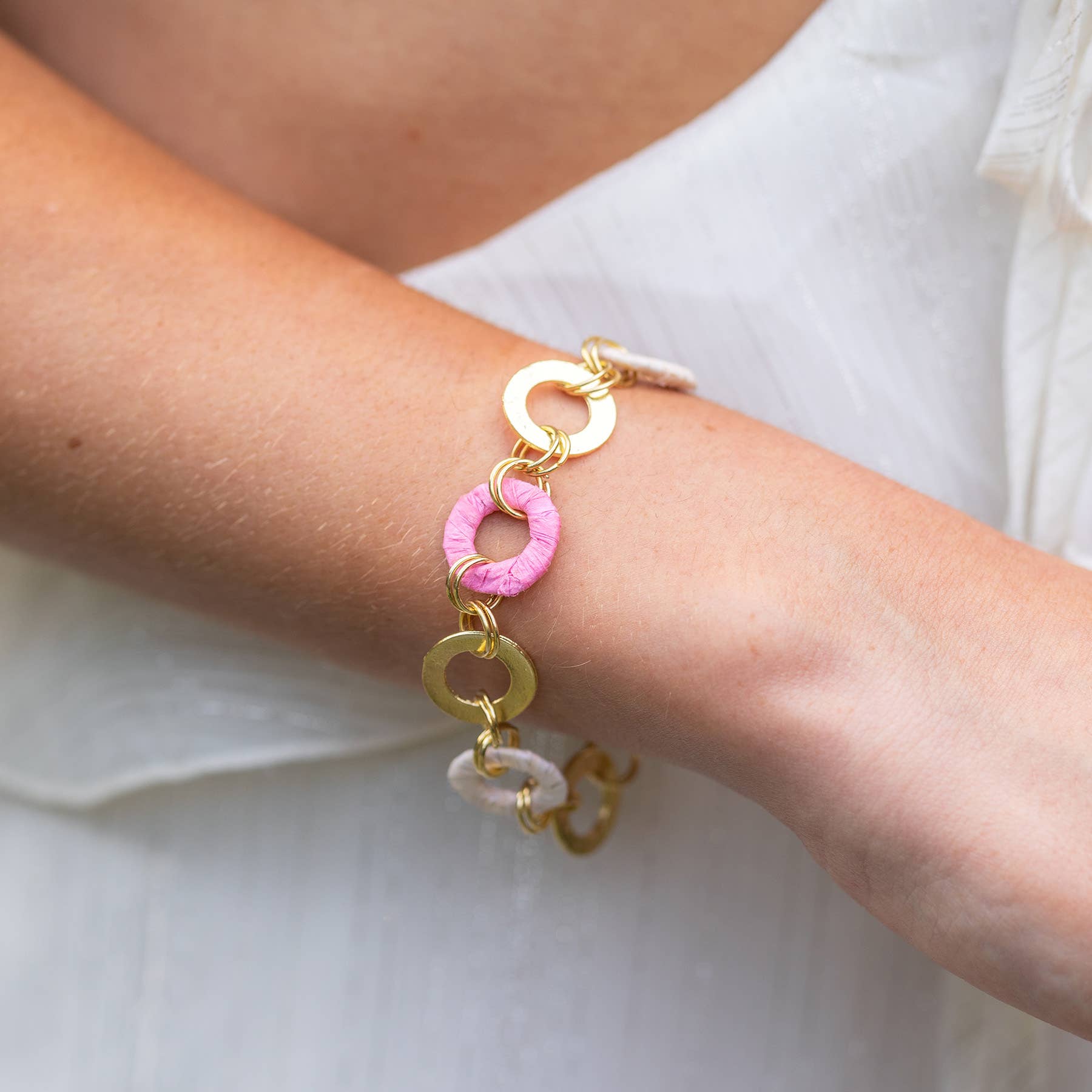 Sachi Raffia Rings Bracelet - Pink and Cream Small Rings