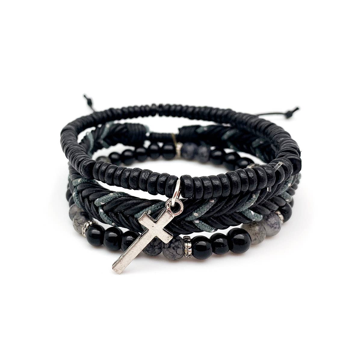 Aadi Black Wood and Agate Beads, Silver Cross Bracelet Set
