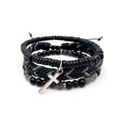 Aadi Black Wood and Agate Beads, Silver Cross Bracelet Set