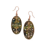 Copper Patina Earrings - Mirrored Filigree in Green Ovals