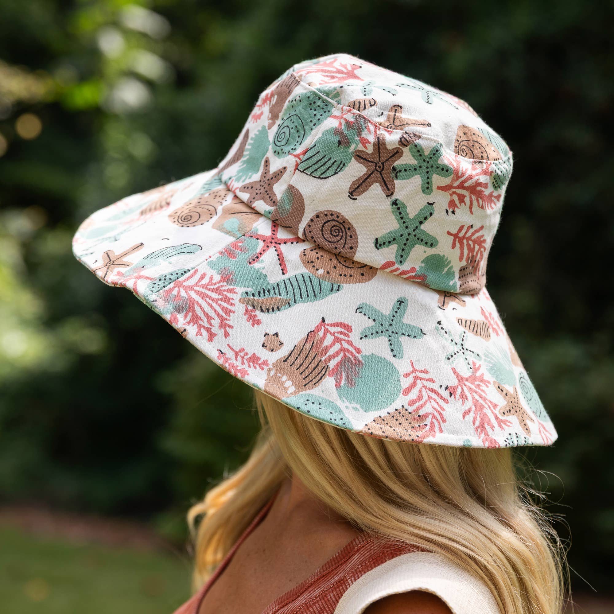 Block-Printed Canvas Coral Reef Sun Hat