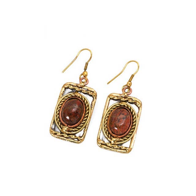 Mixed Metal and Unakite Stone Earrings