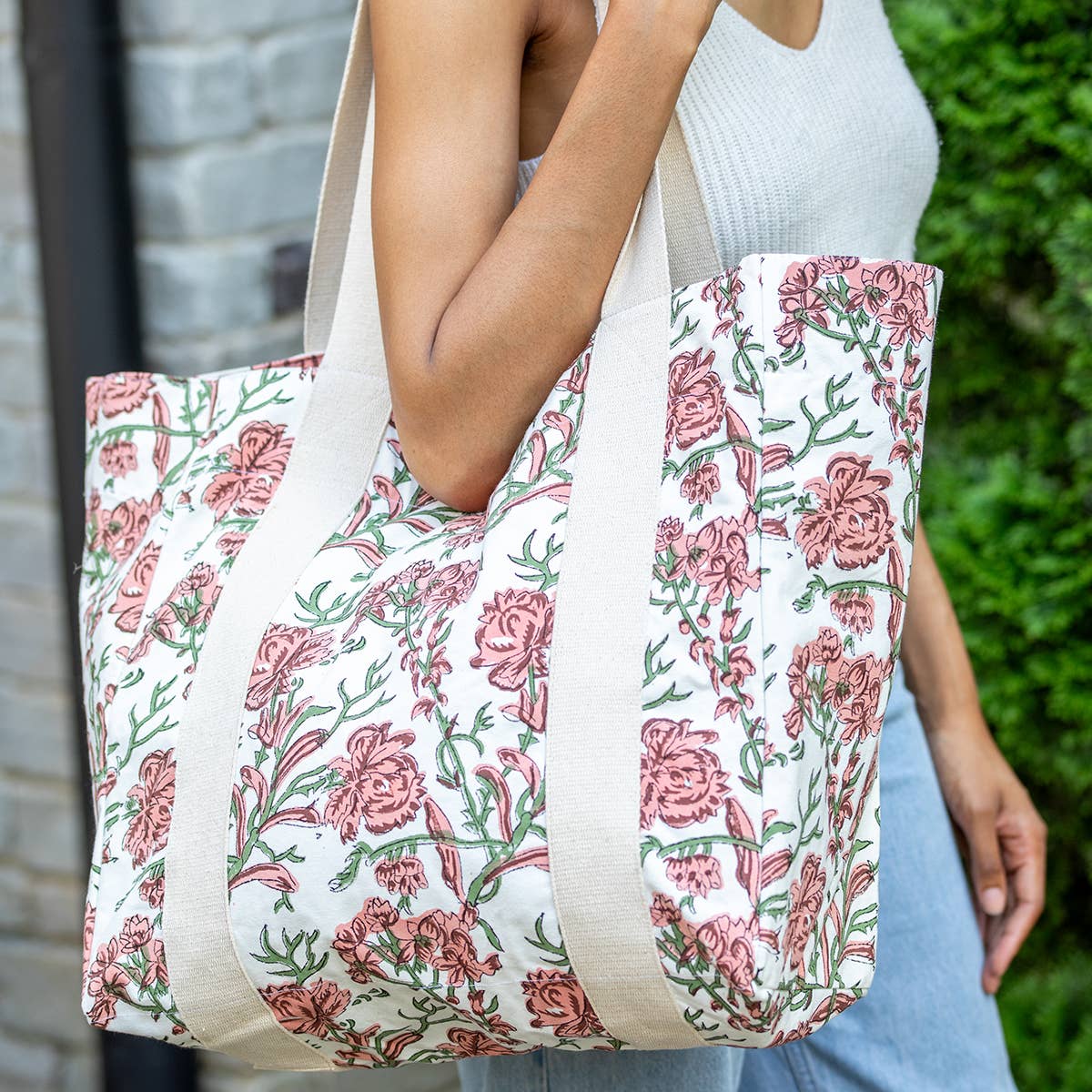 Handcrafted Canvas Bag with Block-Printed Cherry Blossom