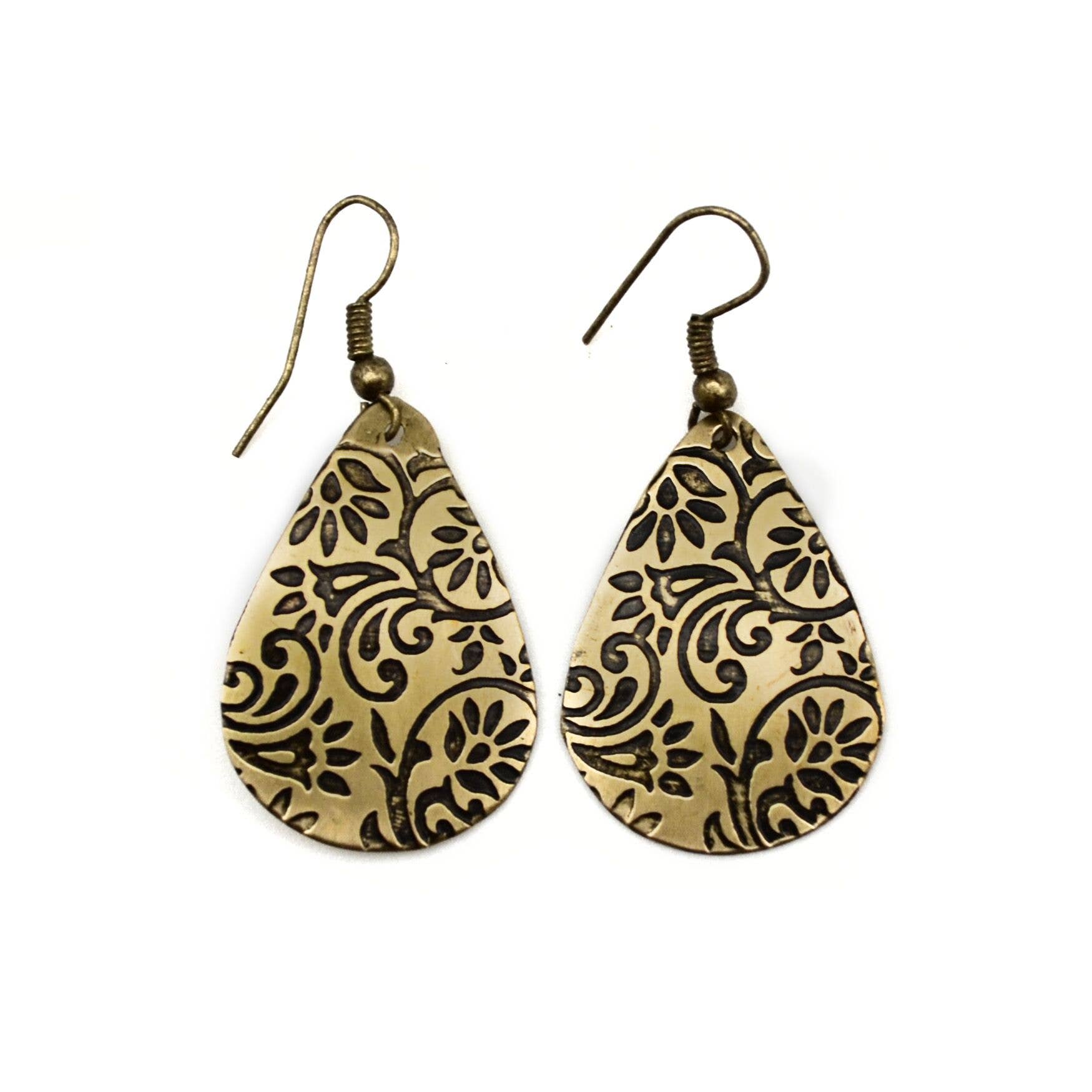 Floral Ornate Brass Engraved Earrings