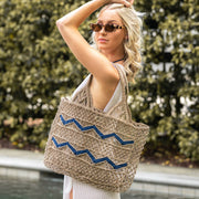 Leona Chevron Woven Jute Beach Bag - Navy