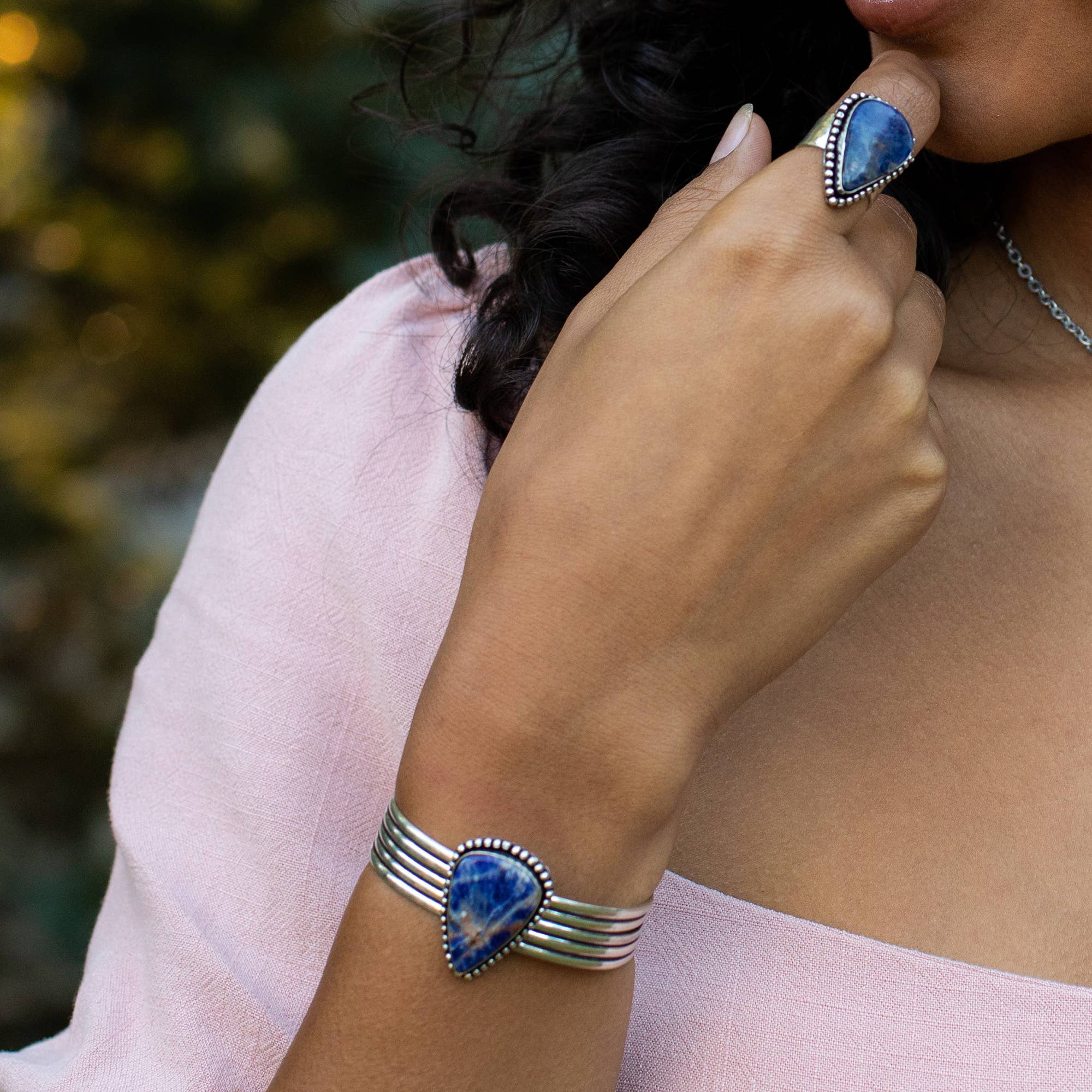 Handcrafted Kashi Semiprecious Stone Cuff - Sodalite