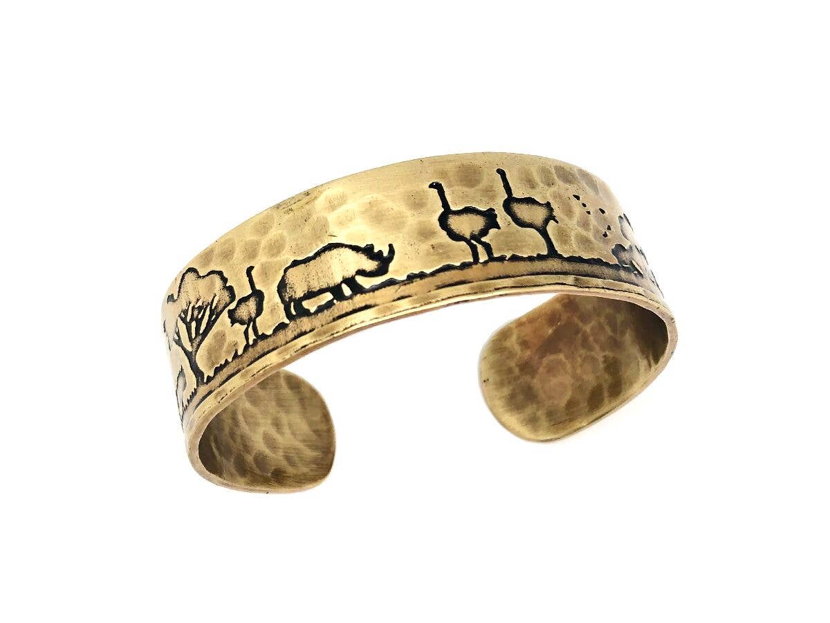 Rhino and Ostrich Brass Engraved Cuff Bracelet