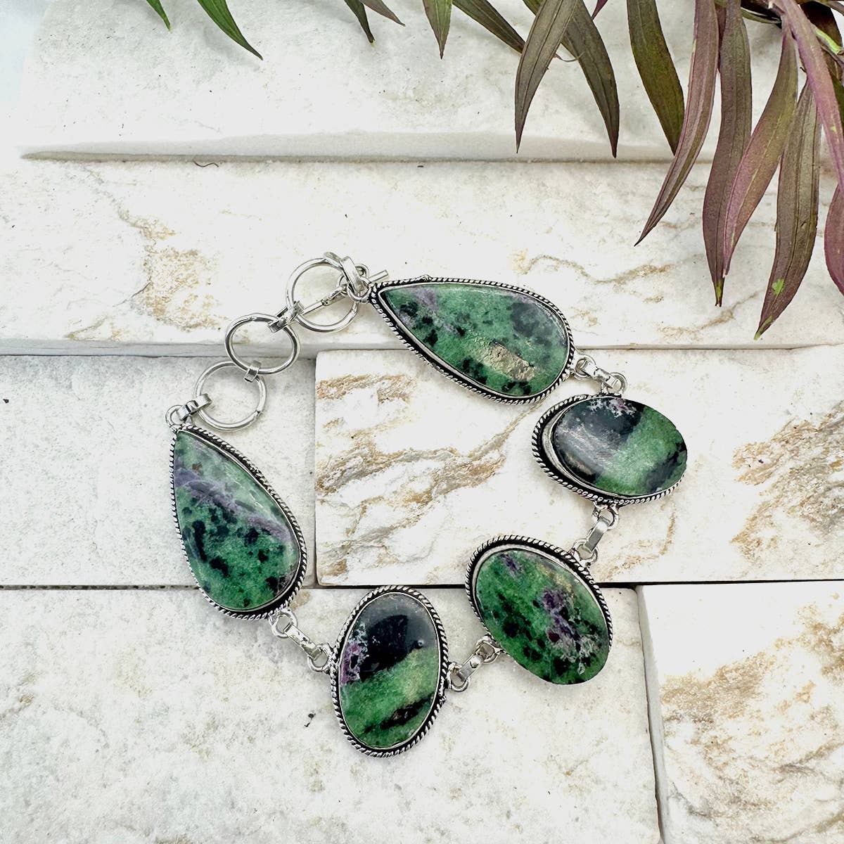 Handcrafted Semiprecious Stone Link Bracelet - Ruby Zoisite