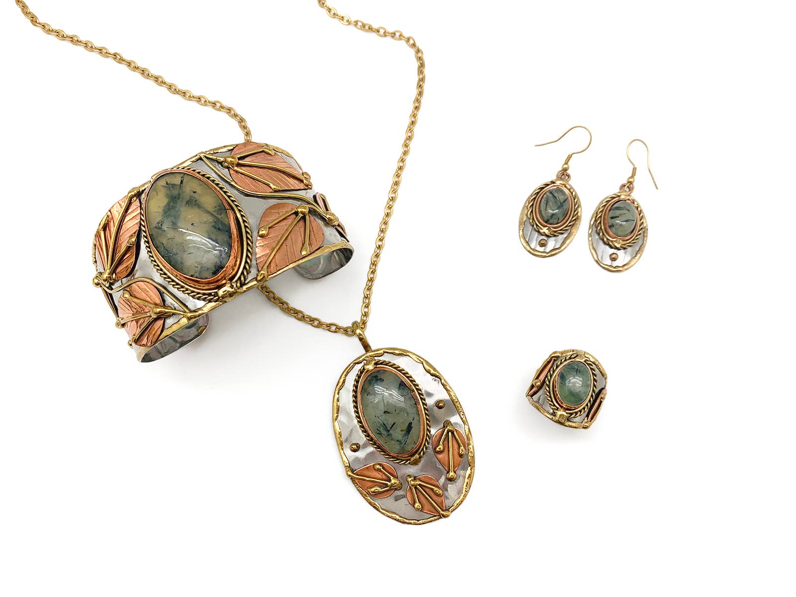 Mixed Metal and Moss Agate Stone Pendant with Chain