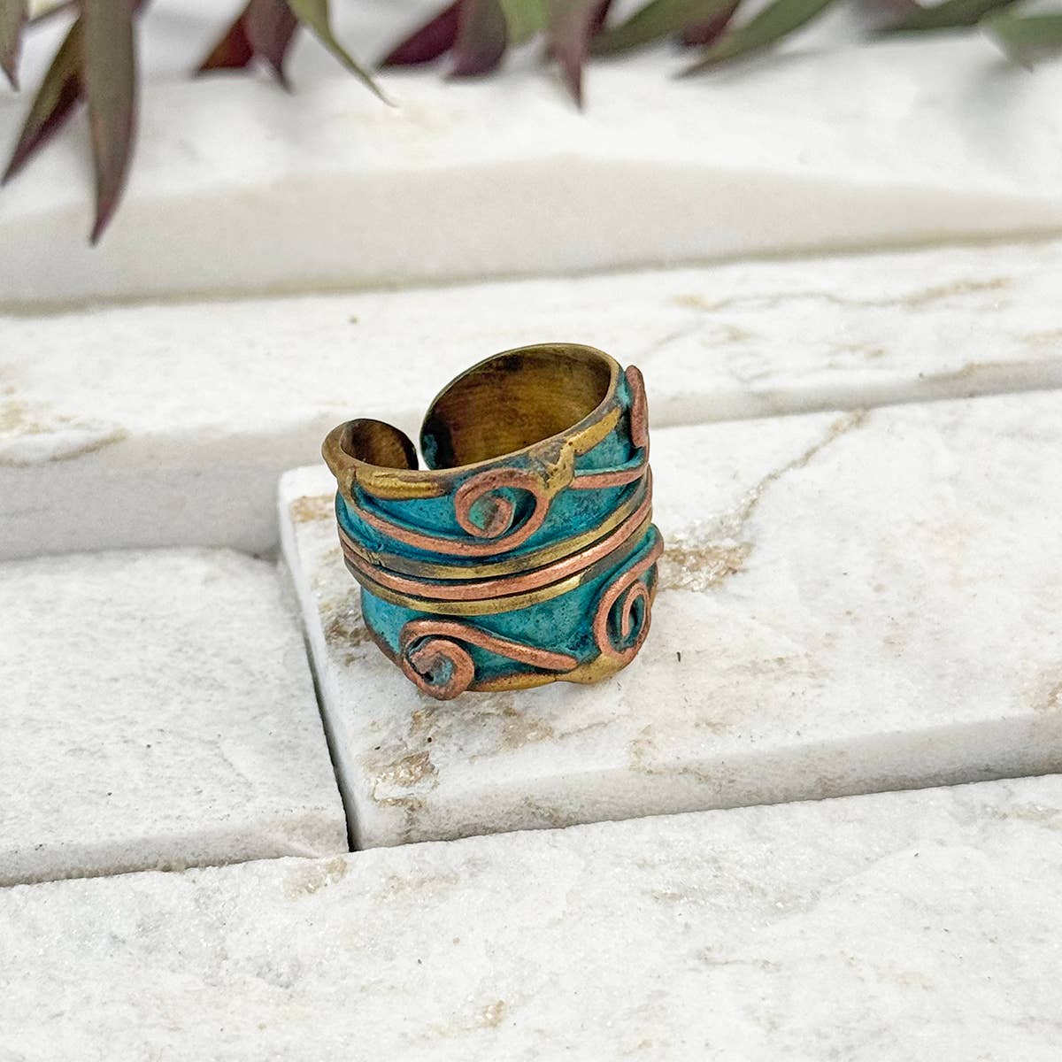 Handcrafted Turquoise & Copper Scrollwork Brass Patina Ring