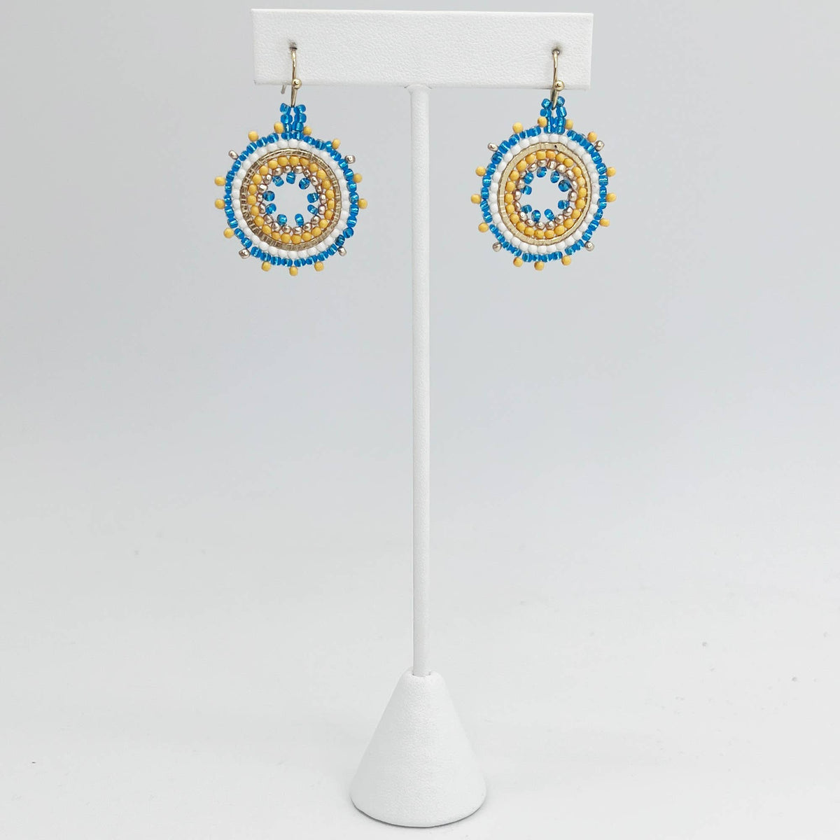 Seed Bead Mandala Hoop Earrings- Yellow and Blue