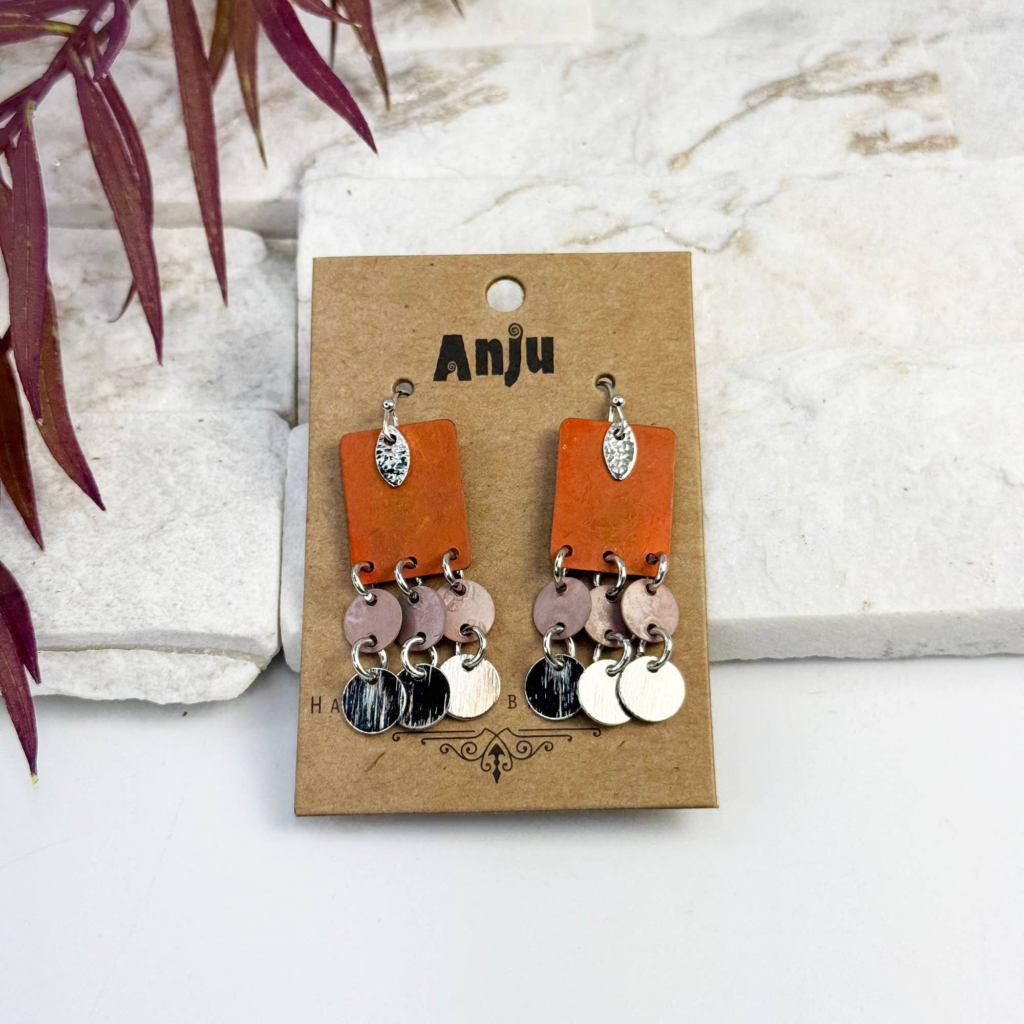 Handcrafted Orange & Pink Patina Rectangle Dangle Earrings