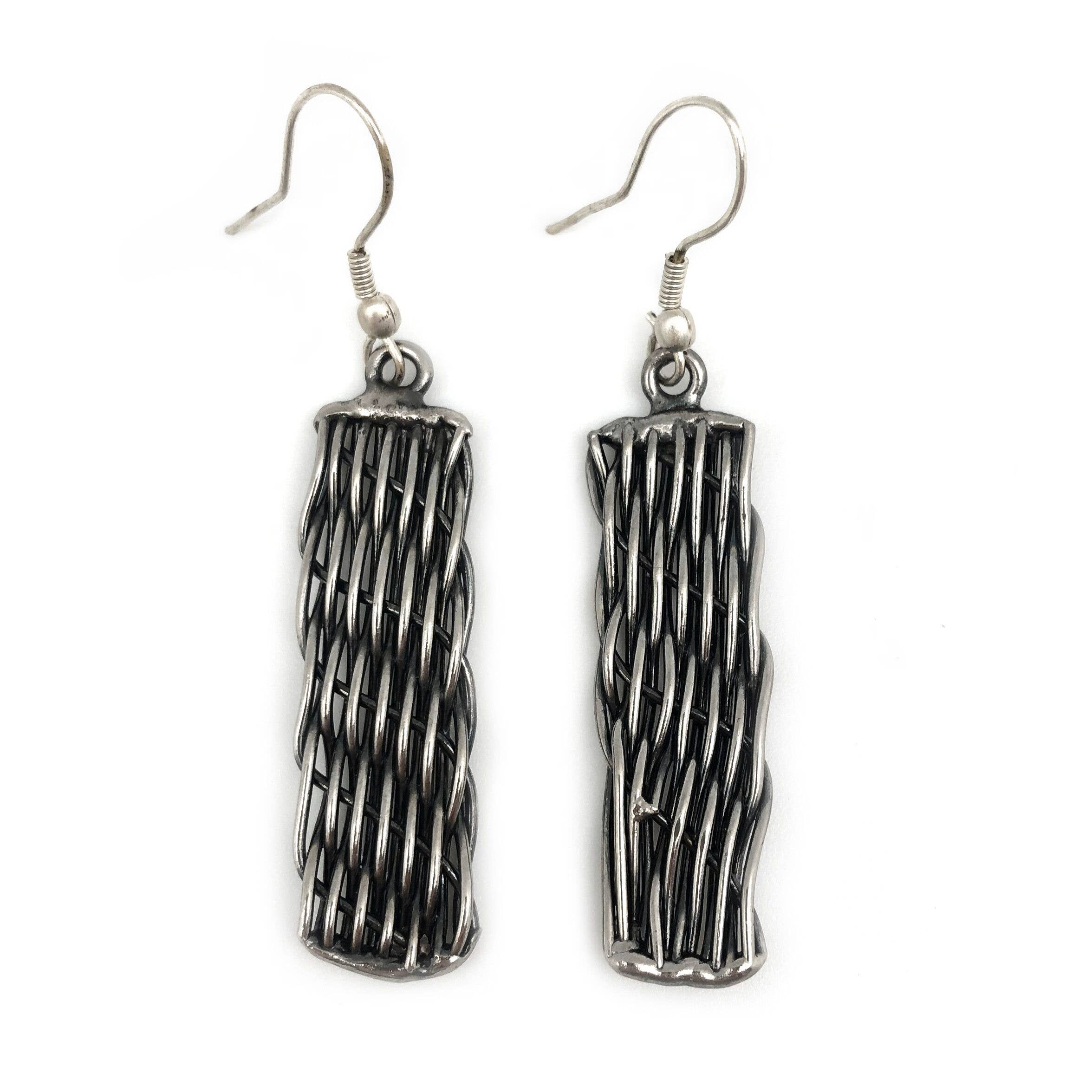 Basketweave Antique Silver Angled Weave Rectangle Earrings