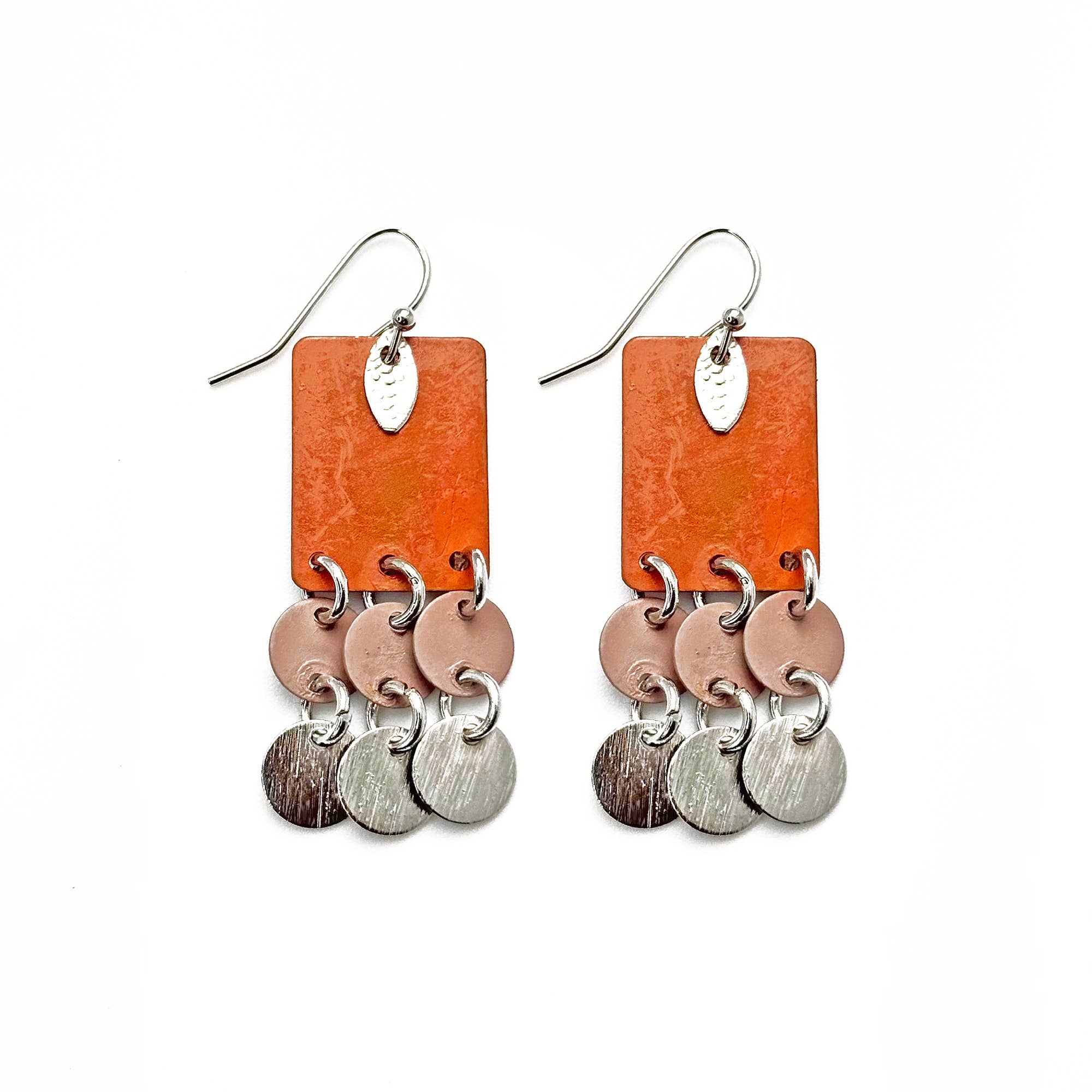 Handcrafted Orange & Pink Patina Rectangle Dangle Earrings