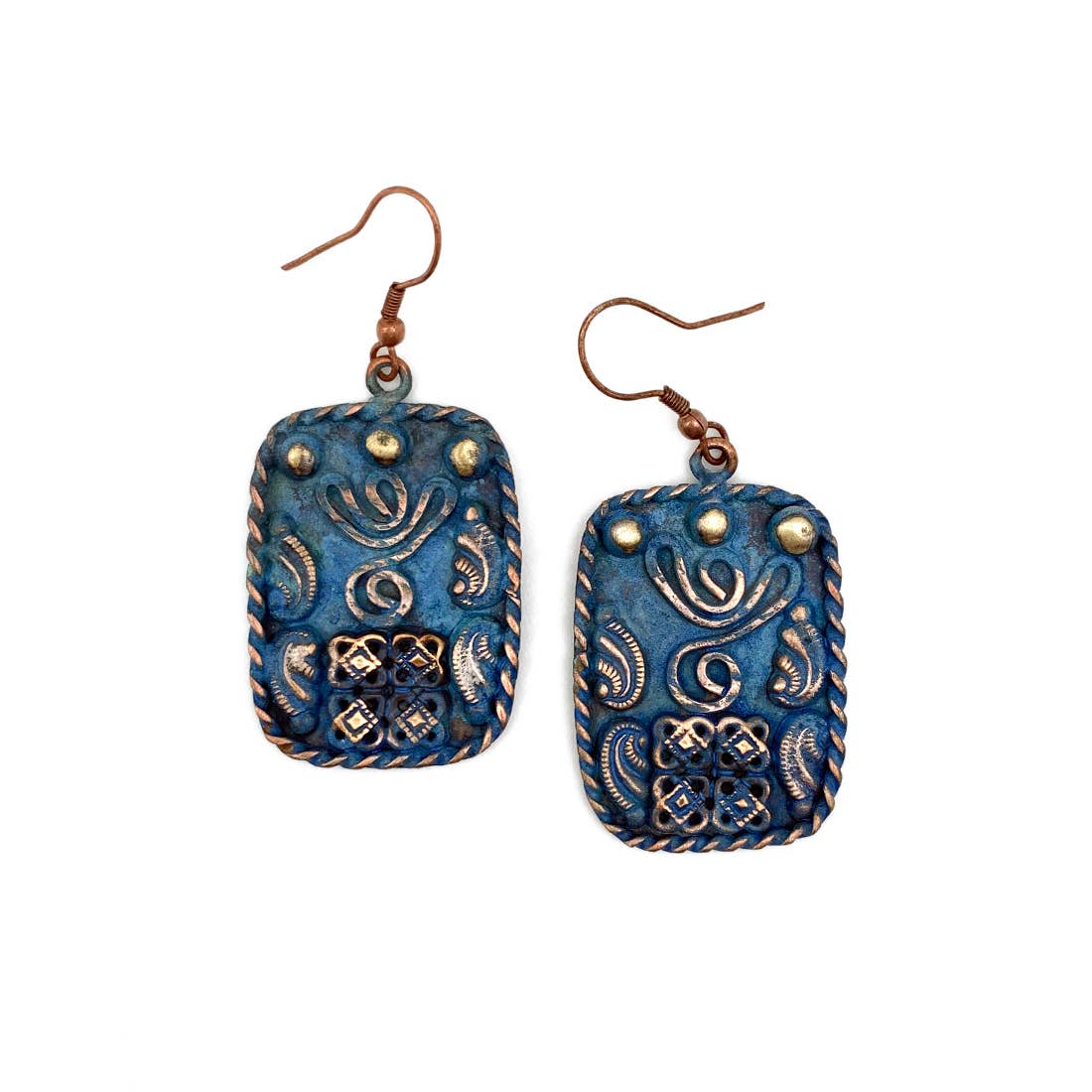 Copper Patina Earrings - Filigree Shapes in Blue Rectangle