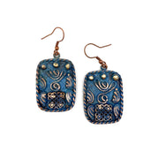 Copper Patina Earrings - Filigree Shapes in Blue Rectangle