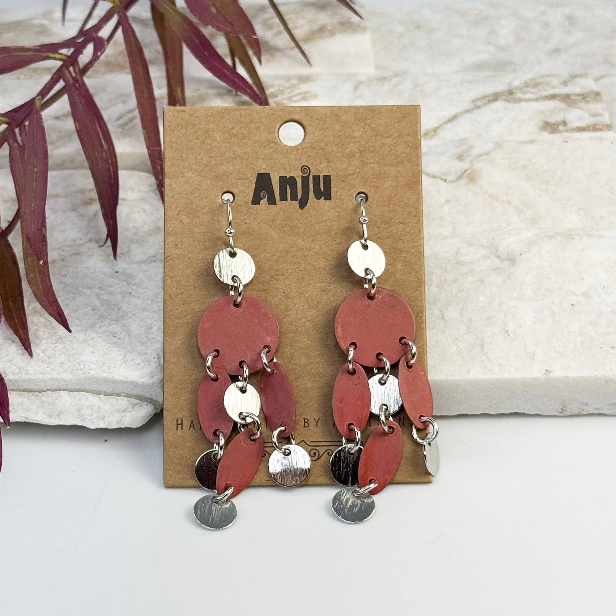 Handcrafted Rust Red Patina Triangle Tassel Earrings