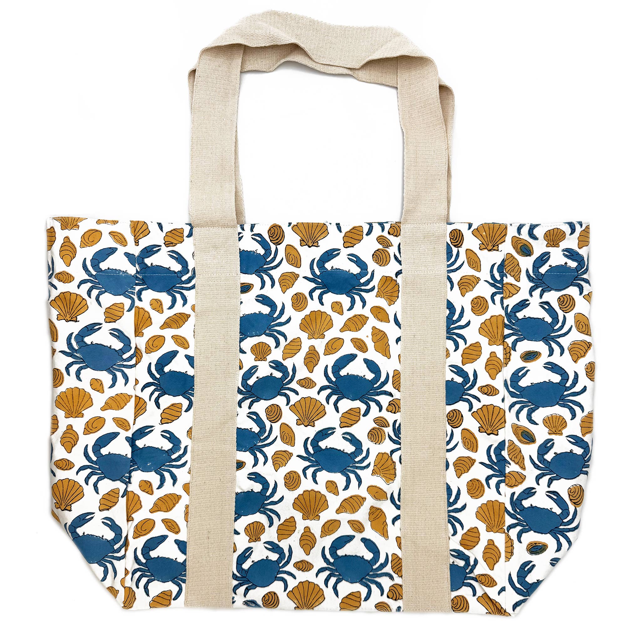 Handcrafted Canvas Bag with Block-Printed Crabs and Shells