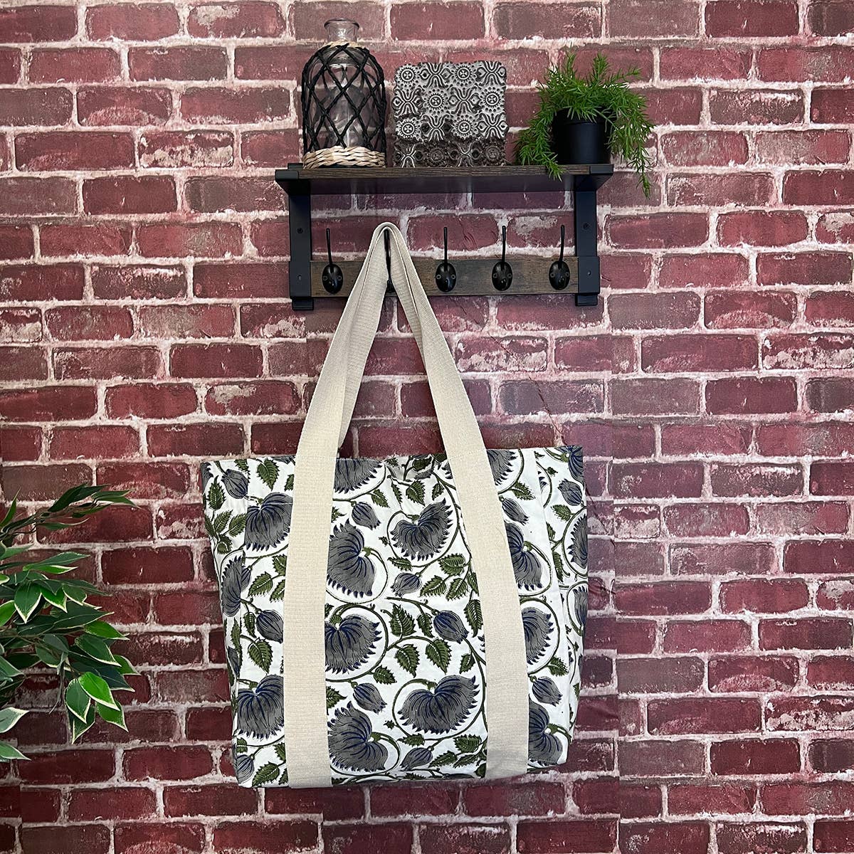 Handcrafted Canvas Bag with Block-Printed Blue Mist