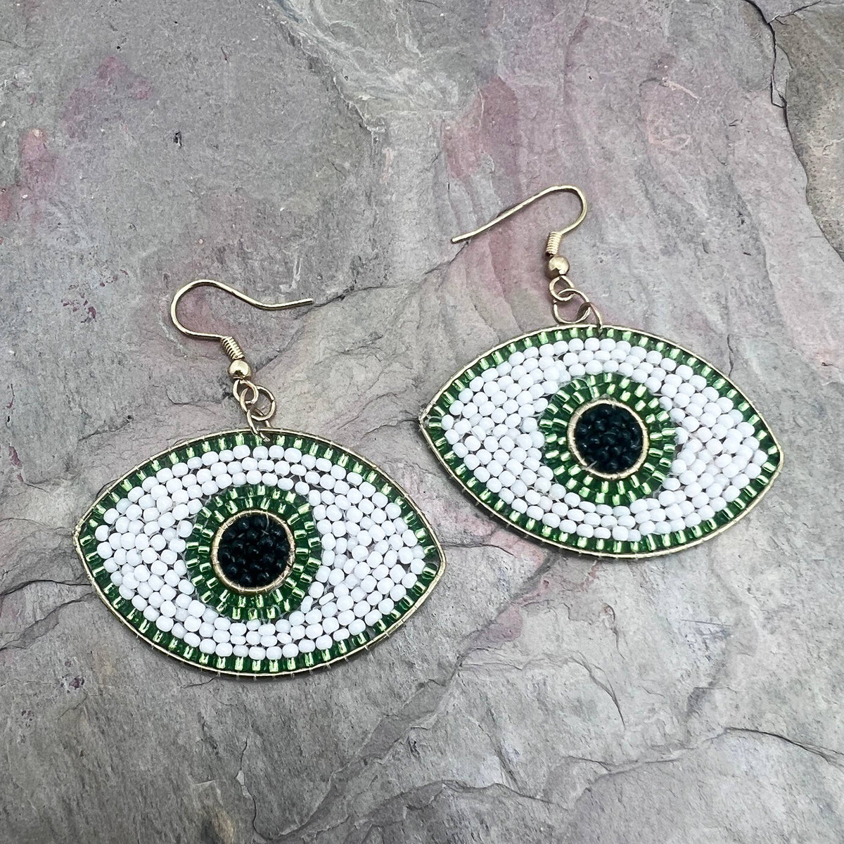Seed Bead Evil Eye Earrings - Green