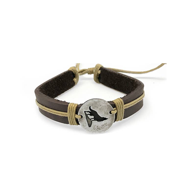 Pull Tie Leather Bracelet - Howling Wolf Cutout