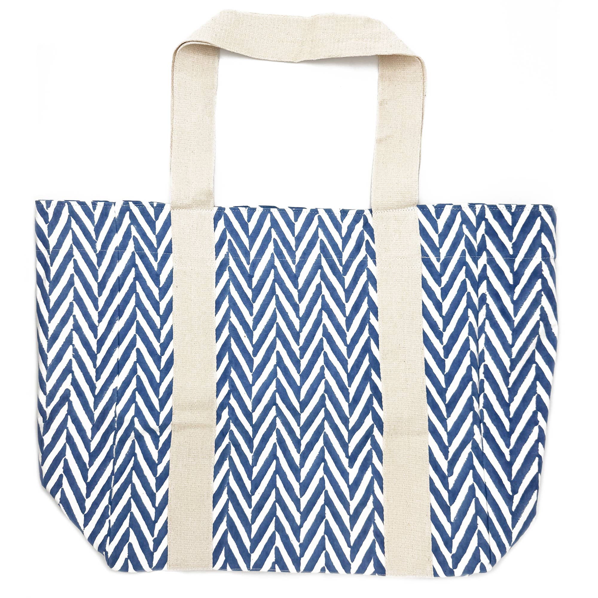 Block Printed Canvas Tote - Blue Herringbone