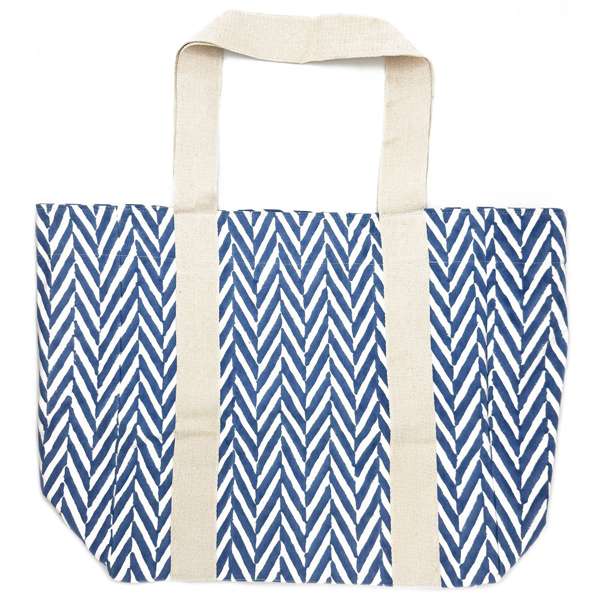 Block Printed Canvas Tote - Blue Herringbone