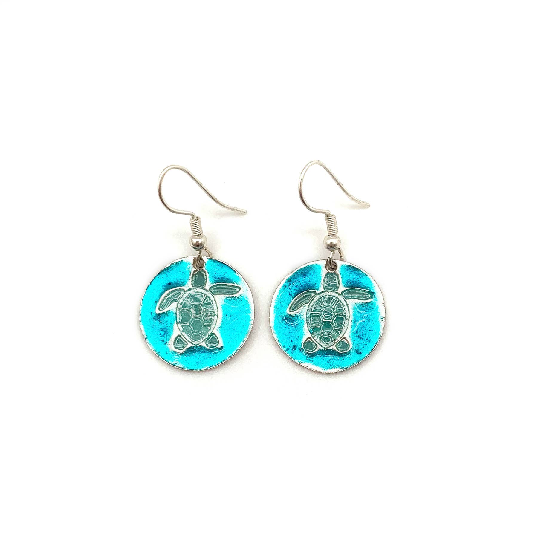 Pewter Earrings with Color Enamel - Teal/Aqua Tortoise