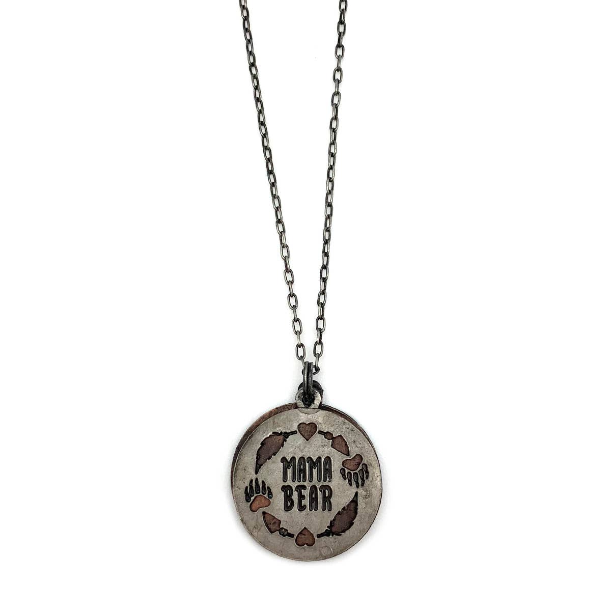 Pewter Necklace - Mama Bear Text with Paws, Leaves, Hearts