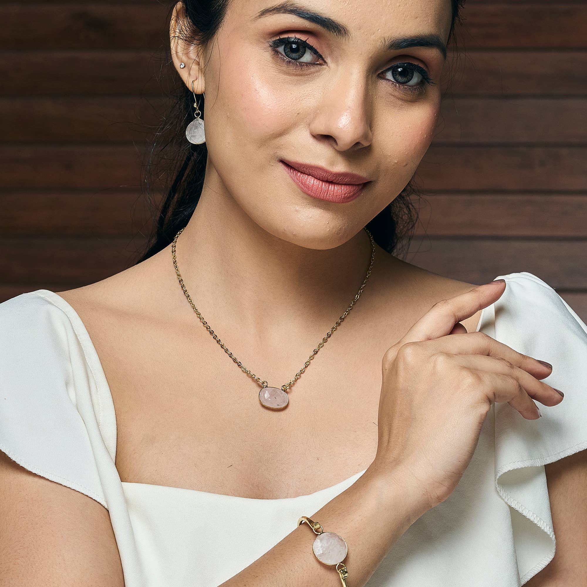 Gold Plated Necklace with Semi-Precious Stone - Rose Quartz