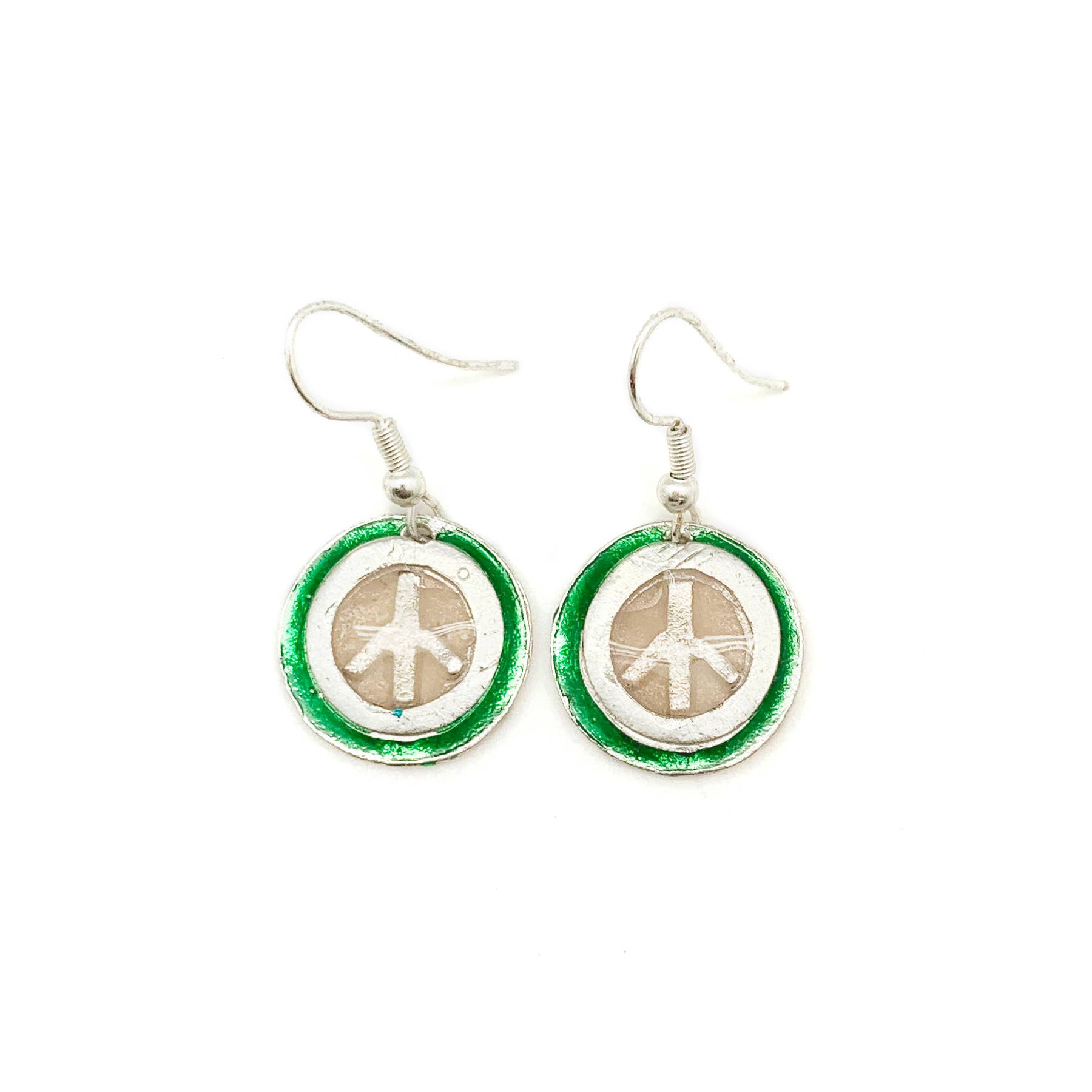 Pewter Earrings with Color Enamel - Green/White Peace Sign
