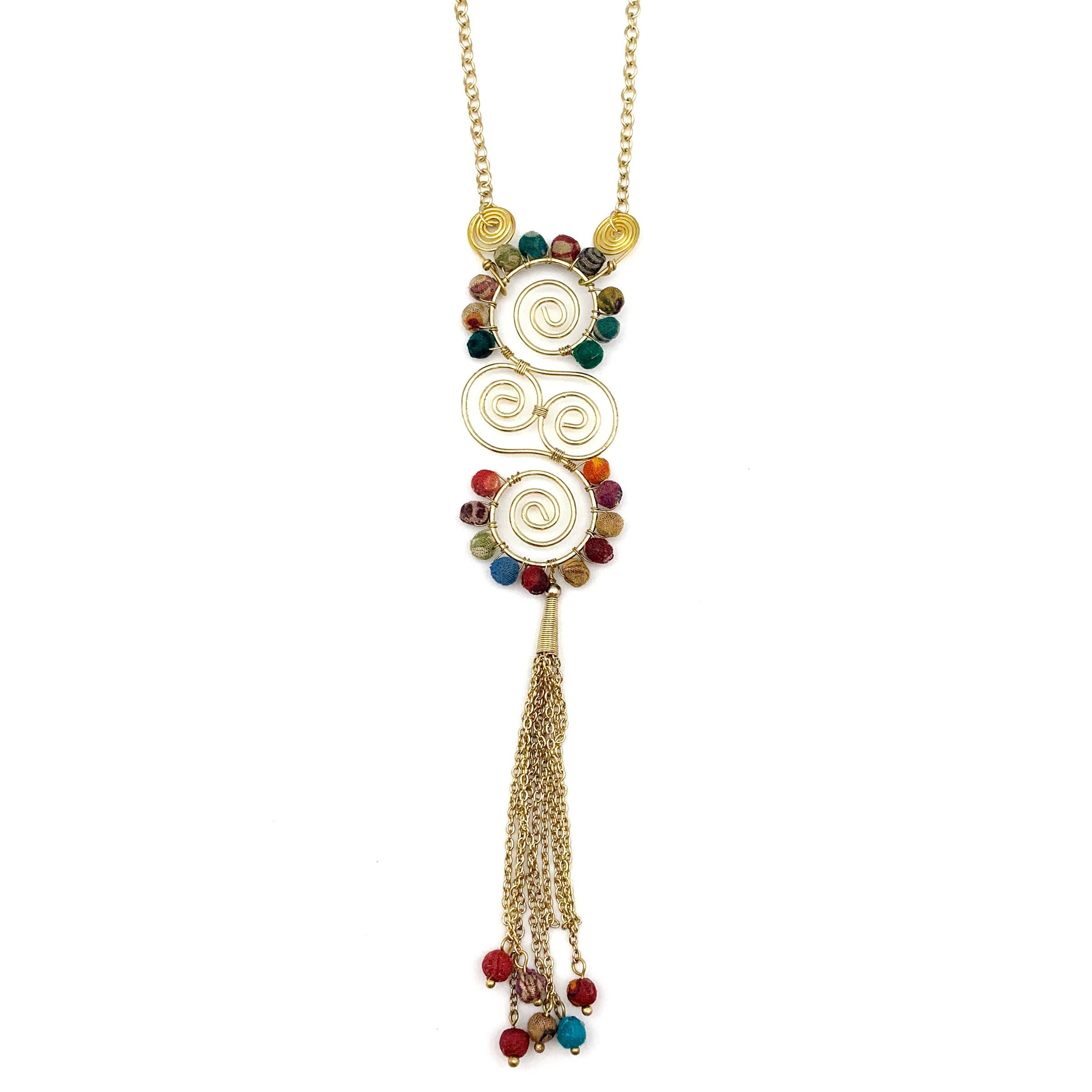 Aasha Spirals and Tassel Pendant Kantha Handcrafted Necklace