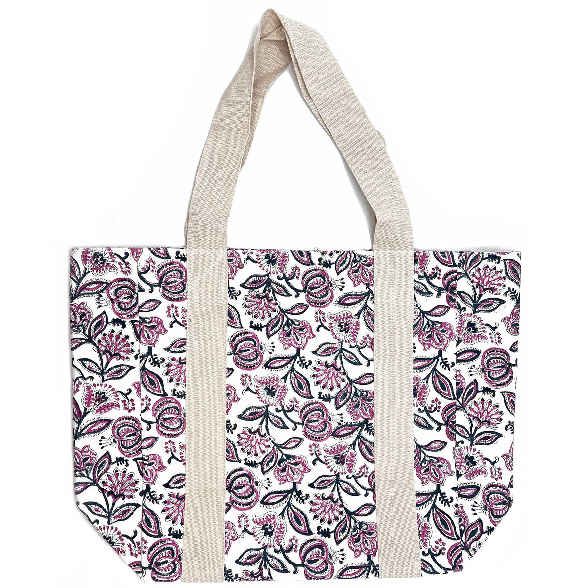 Handcrafted Canvas Bag with Block-Printed Blossoms in Violet