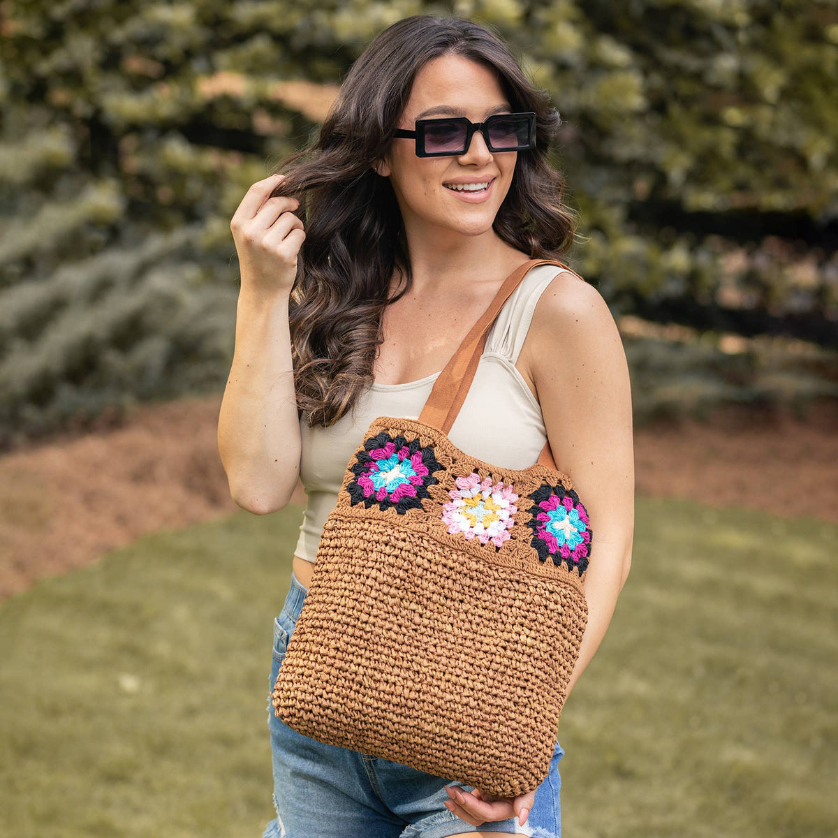 Nola Cotton Crochet and Raffia Shoulder Bags - Chocolate Brown