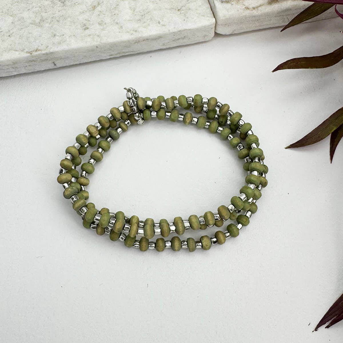 Sachi Wood Bead Wrap Bracelet - Sage