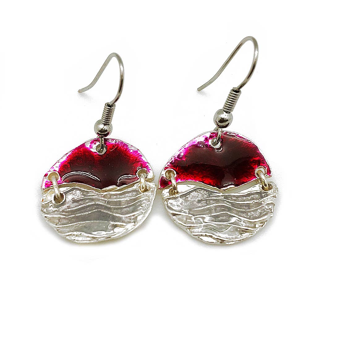 Pewter Earrings with Color Enamel - Raspberry/Grey
