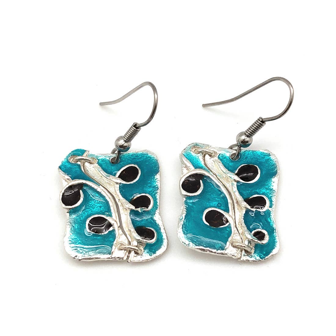 Pewter Earrings with Color Enamel - Turquoise/Brown