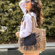 Lana Woven Jute Bag with Color Raffia Pocket - Black