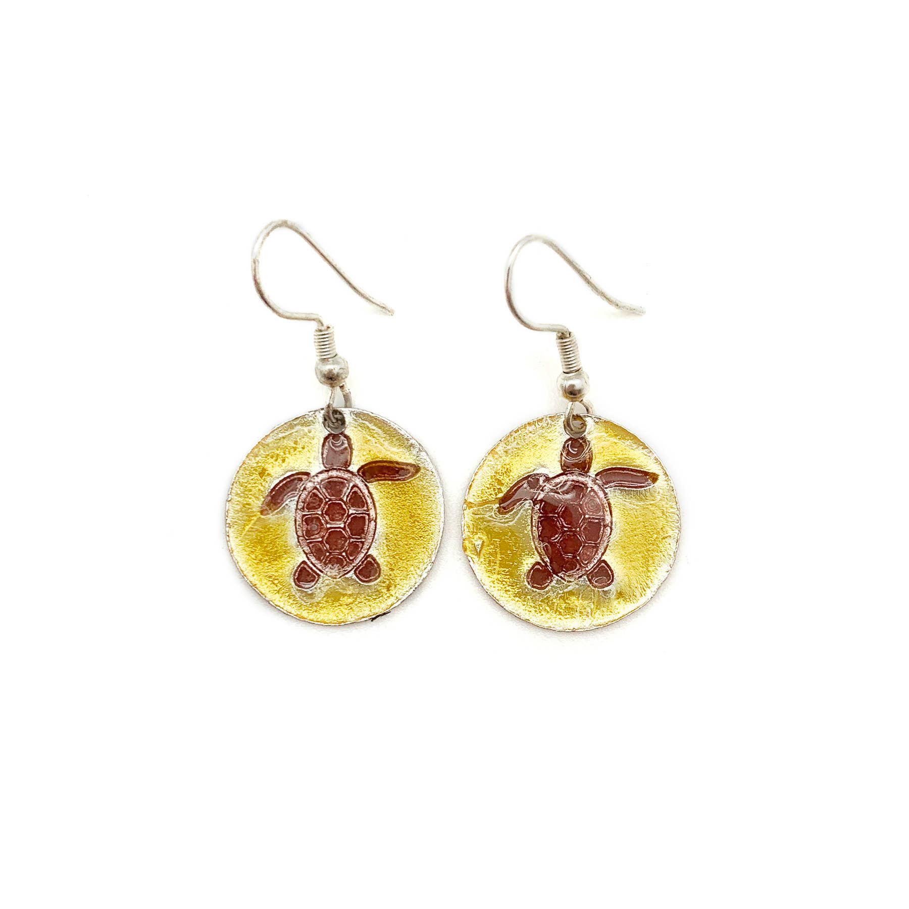 Pewter Earrings w Color Enamel - Yellow/Burgundy Tortoise